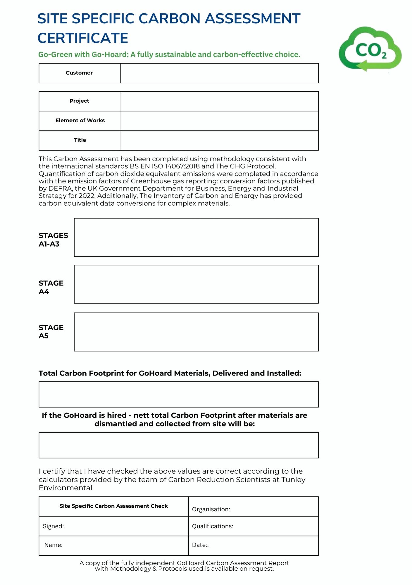Polmil site specific carbon assessment certificate